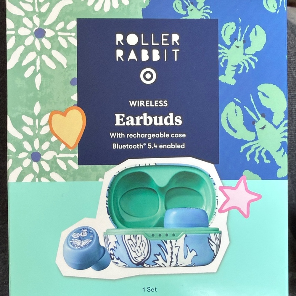 HTF Roller Rabbit AUTHENTIC Earbuds in Teal & Light Blue Patterned Case AUTHE